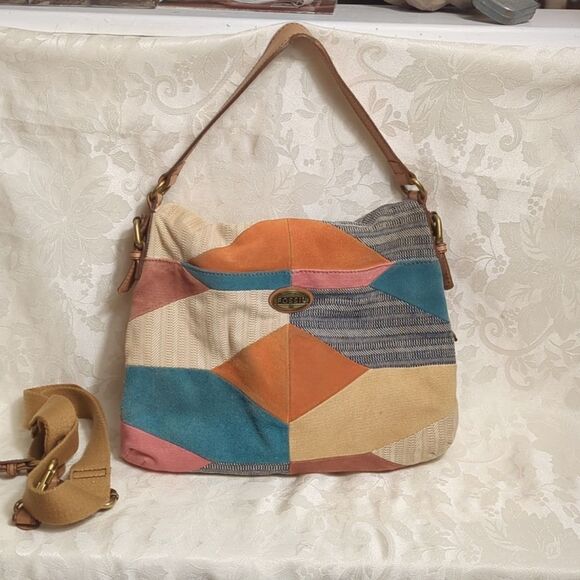 Fossil Patchwork Suede and Fabric Boho Festival Bag - Picture 1 of 11